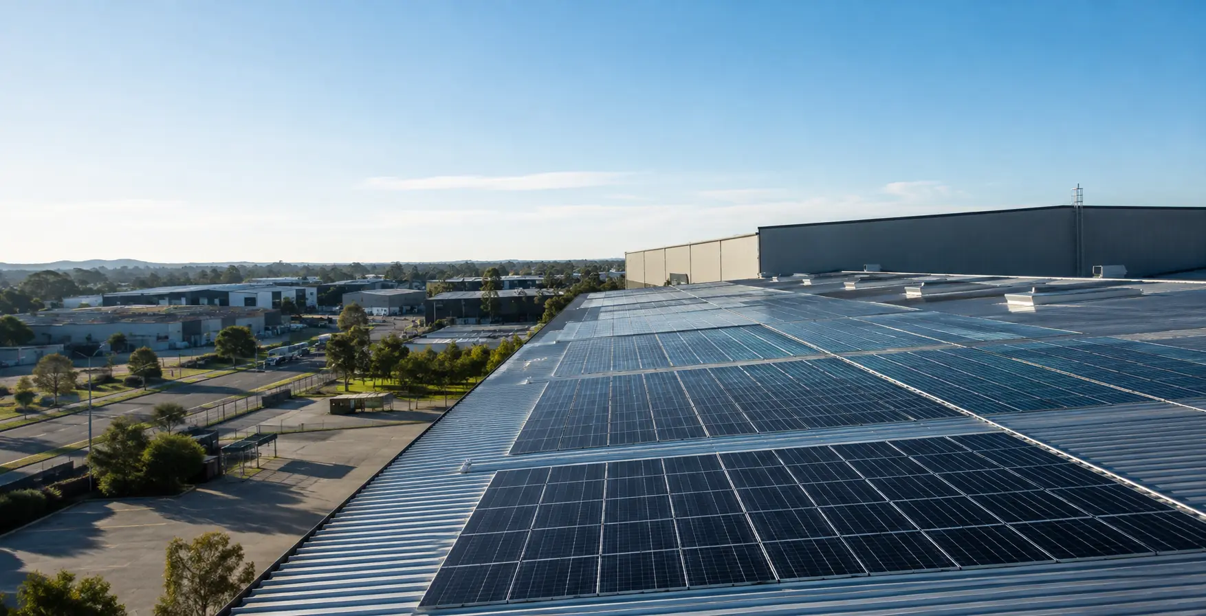Warehouse with a large commercial rooftop solar system